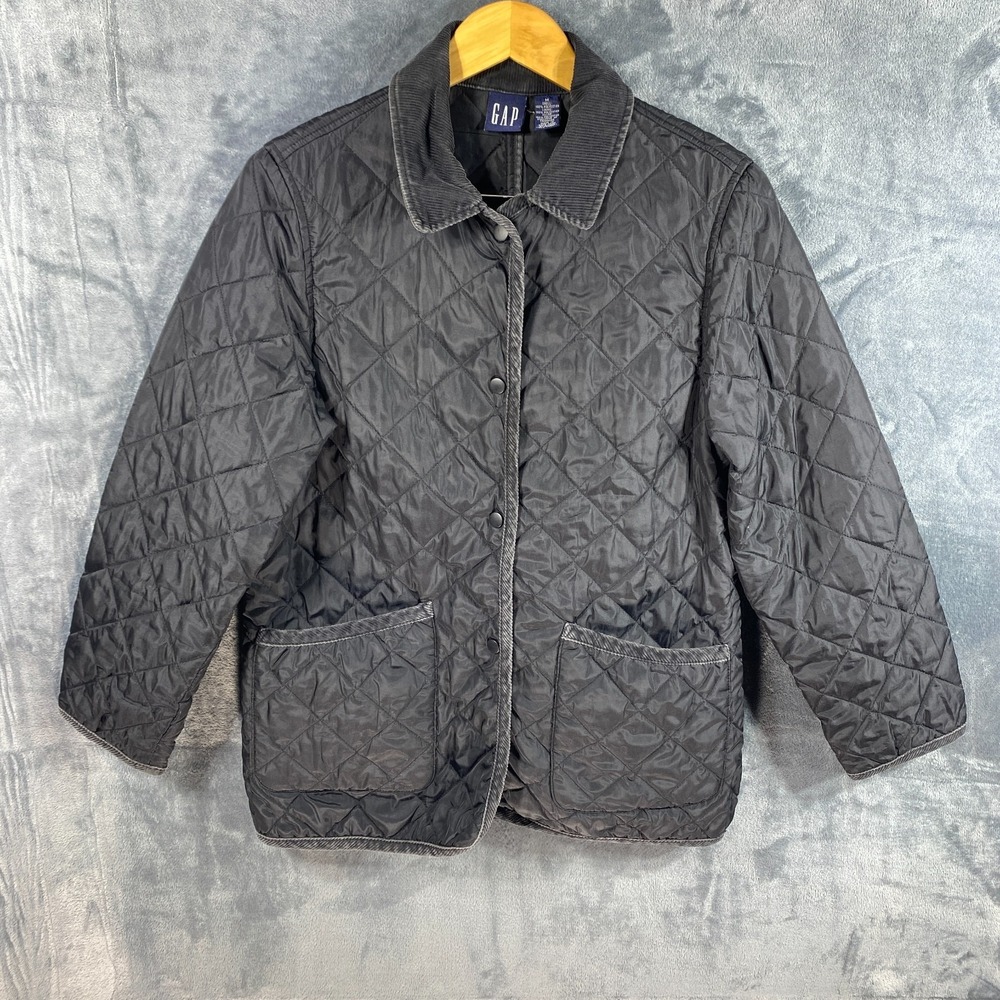 Vintage GAP Jacket Womens Medium Black Diamond Quilted Corduroy Cords Collar